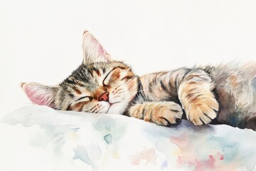 Poster - Cozy sleeping cat on a soft bedspread, resting peacefully on a white background during a serene afternoon moment. Generative AI