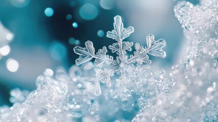 Poster - A close-up of a delicate snowflake resting on shimmering ice, highlighting the beauty and intricacy of winter's design.