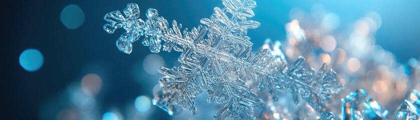 Poster - A stunning close-up of a snowflake showcasing its intricate crystalline structure against a soft blue background.