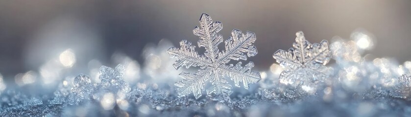Aufkleber - A close-up of delicate snowflakes resting on a sparkling surface, showcasing the beauty of winter and frozen nature.