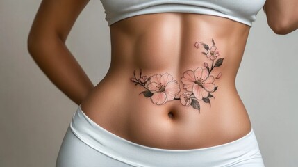 Canvas Print - A woman's stomach with a flower tattoo on it, AI