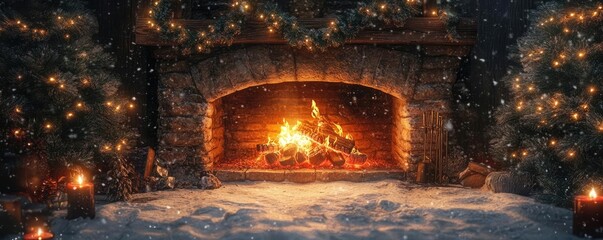 Poster - A cozy fireplace adorned with sparkling lights and surrounded by snow, creating a festive and warm winter atmosphere.