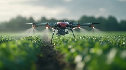 Drone spraying crops in a green field, focused on agricultural innovation.