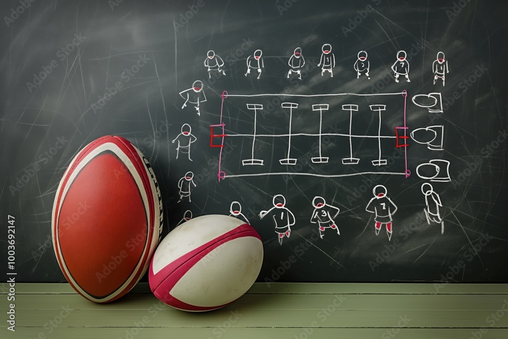 Rugby ball on chalkboard with football game plan. Classic sports ...