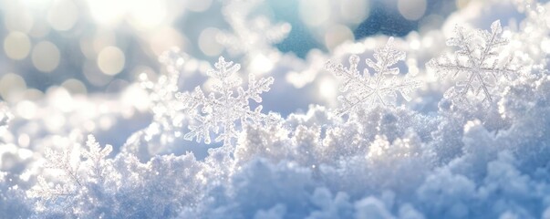 Aufkleber - Delicate snowflakes resting on soft snow, capturing the beauty and tranquility of a winter day with sparkling bokeh in the background.