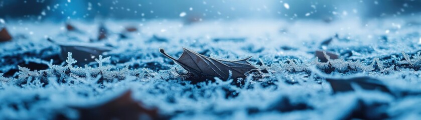 Poster - A serene winter scene with frost-covered leaves blanketing the ground, creating a tranquil and chilly atmosphere.