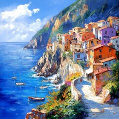 Sticker - A vibrant coastal village rests on cliffs by the sea. Colorful houses line the shore, reflecting Mediterranean charm. A beautiful landscape perfect for travel and relaxation. AI