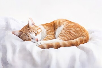 Poster - A peaceful orange tabby cat curled up and sleeping on a soft white bedspread during a serene afternoon. Generative AI