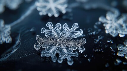 Aufkleber - Close-up of delicate snowflakes on a dark surface, showcasing intricate designs and crystalline structures in winter beauty.