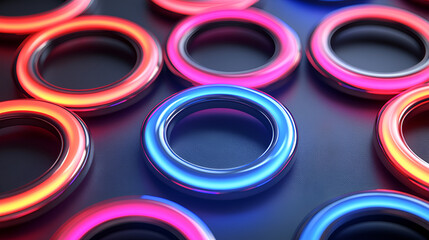 Aufkleber - Colorful neon rings illuminated in a dynamic arrangement on a dark surface, showcasing vibrant colors and modern design aesthetics during nighttime