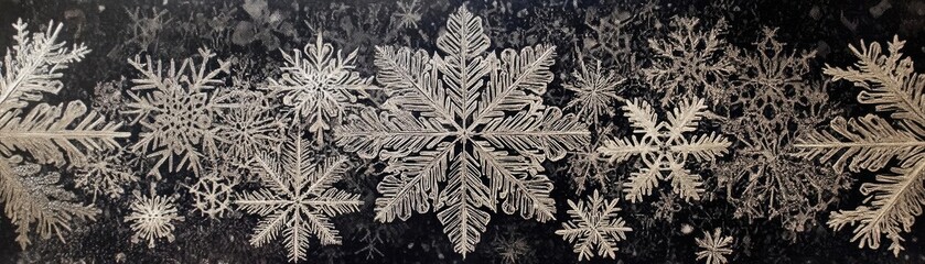 Poster - Intricate snowflakes delicately arranged on a dark background, showcasing nature's unique winter artistry.
