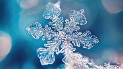 Poster - Close-up of a delicate snowflake, showcasing intricate patterns and shimmering details against a soft blue background.