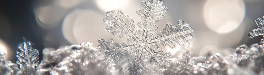 Aufkleber - A close-up view of a delicate snowflake resting on shimmering frost, showcasing intricate patterns and winter beauty.