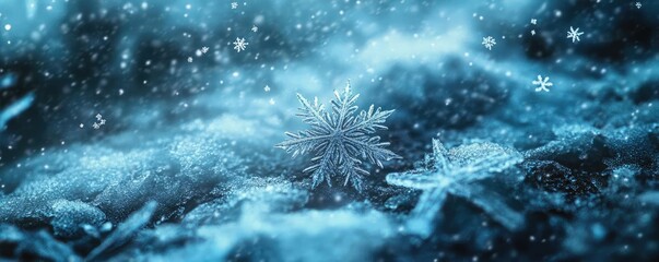 Poster - A detailed snowflake gently resting on a bed of frost, showcasing intricate patterns and a serene, wintery atmosphere.