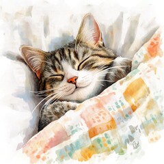 Poster - A peaceful cat sleeping soundly on a cozy white bedspread, surrounded by soft textures and gentle patterns in the warm light. Generative AI