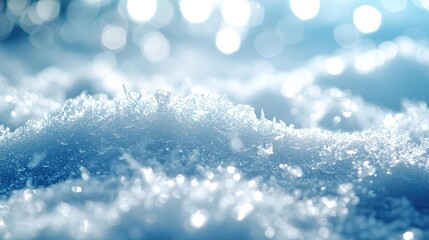 Poster - A close-up view of glistening snowflakes on a winter landscape, showcasing the beauty and texture of fresh snow under soft sunlight.