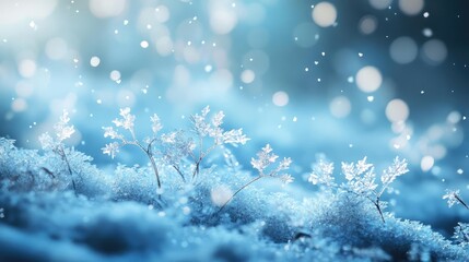 Poster - A serene winter landscape featuring delicate snowflakes and a soft, icy blue background, creating a magical, frosty atmosphere.