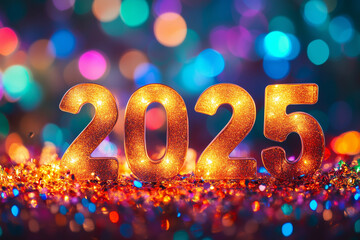 Festive, vibrant New Year's scene with large, glowing 2025 numbers. Happy new year