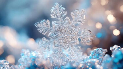 Aufkleber - A stunning close-up of a crystal snowflake resting on sparkling ice, showcasing intricate details and a winter wonderland ambiance.