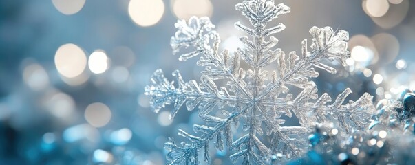 Poster - A stunning close-up of a snowflake, glistening with intricate details against a soft blue background, evoking winter beauty.