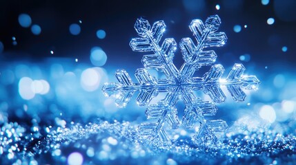 Poster - A stunning close-up of a shimmering ice crystal snowflake against a vibrant blue background, evoking winter beauty and magic.