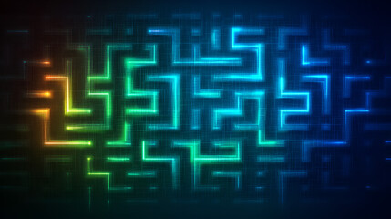 Aufkleber - Vibrant abstract maze design in neon colors showcasing a digital labyrinth pattern on a dark background