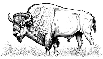 Wall Mural - Intricate line art of a bison in a grassy field against a crisp white backdrop