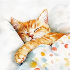 Poster - A peaceful orange cat sleeping soundly on a cozy bedspread against a soft white background. Generative AI