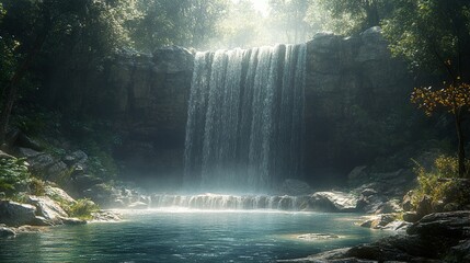 Sticker - Tranquil Waterfall in Lush Forest - Nature Photography