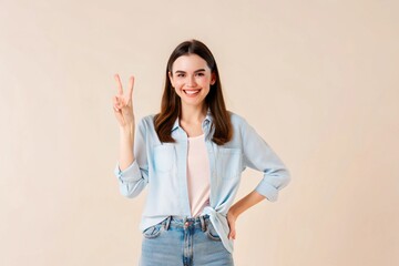 Young smiling cheerful happy woman she wearing red t-shirt casual clothes showing victory sign