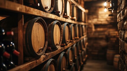 Poster - A rustic wine cellar filled with wooden barrels and neatly stacked bottles in a cozy, dimly lit atmosphere. Generative AI