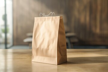 Poster - Beige paper bag on wooden table with blank space for design. Empty container for hot drink or food product. Modern mockup for branding and advertising. Nobody in the scene.