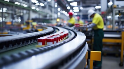 Poster - workers managing a production line in a manufacturing facility during daytime operations