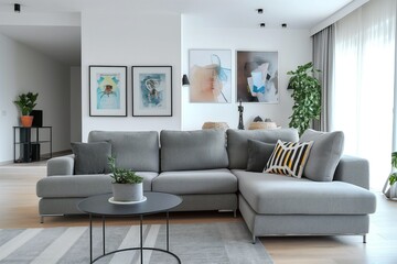 Grey couch in modern living room with green plants, wooden floor, floor lamp. Comfortable furniture for apartment, flat, or house. Contemporary interior design with decorative pillows, elegant decor.