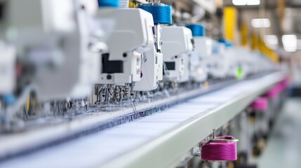 Poster - Industrial sewing machines in a textile factory performing assembly line production of garments during daylight hours