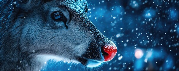 Wall Mural - A close-up of a reindeer in winter, featuring delicate snowflakes and a bright red nose against a cool, blue backdrop.