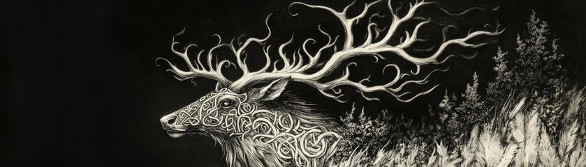 Aufkleber - A mystical illustration of a deer with intricate antlers, blending nature's beauty and artistry in a dark background.