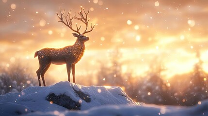 Poster - A majestic deer stands on a snowy landscape, bathed in golden light, creating a serene and enchanting winter scene.