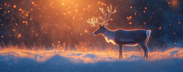 Poster - A majestic reindeer stands gracefully in a snowy landscape, illuminated by soft glowing lights during a serene winter evening.