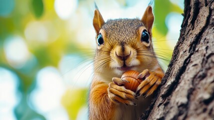 Canvas Print - A squirrel holding a nut in its mouth on the side of tree, AI