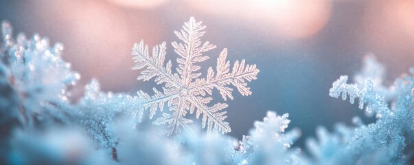 Poster - Close-up of a beautiful snowflake resting on soft blue frost, capturing the essence of winter and the beauty of nature.