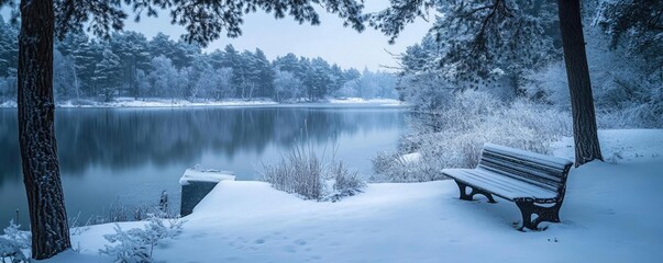 Aufkleber - A serene winter scene featuring a snow-covered lake and a lonely bench surrounded by frosty trees.