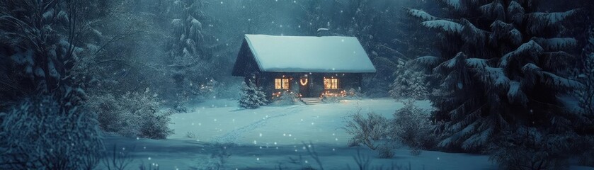 Poster - A cozy cabin in a snowy landscape, illuminated by warm lights, creating a serene winter evening atmosphere.