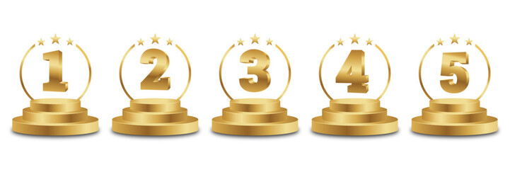 Set of Golden Number Award on Podium Stage. Number Ranking 1 2 3 4 5. Vector Illustration Isolated on White Background.