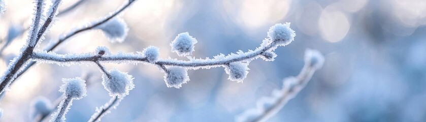 Poster - A close-up of delicate branches covered in frost, showcasing the beauty of winter's enchanting details and serene atmosphere.