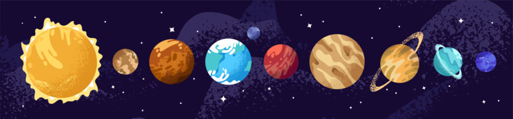 Solar system set on universe background. Row of celestial bodies in cosmos: Sun, Mercury, Venus, Earth, Mars, Jupiter, Saturn, Neptune. Planets in outer space. Flat isolated vector illustrations