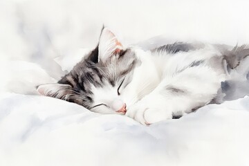 Poster - A fluffy cat peacefully sleeping on a white bedspread in a cozy indoor setting during a tranquil afternoon. Generative AI