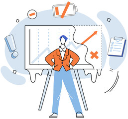 Fototapete - Person work with abstract business system, organizing data, analyzing statistics. Man stands near board with graph. Analytics and organization concept. Information processing and data presentation