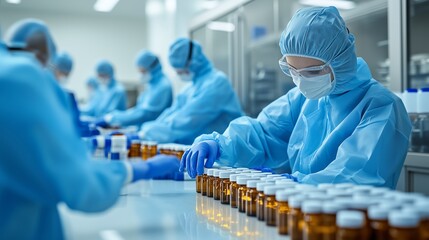 Medical professionals in protective gear assembling pharmaceutical products in a laboratory during daytime operations