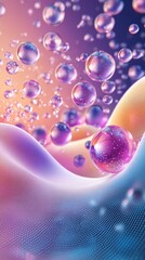 Wall Mural -  A collection of bubbles hovering above a blue-pink backdrop, featuring a pink-purple wave in its center